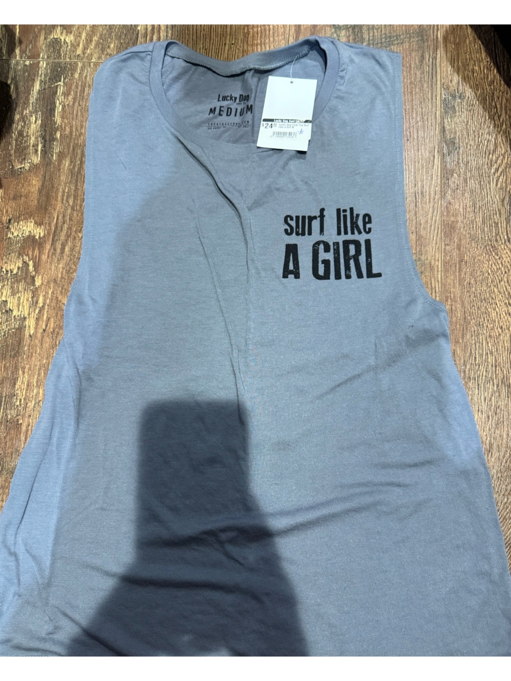 Gray Tank Top with Black "surf like A GIRL" Graphic